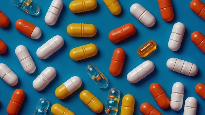 top view colorful antibiotic capsule pills on blue background online pharmacy banner world health day pharmaceutical industry prescription drugs photo